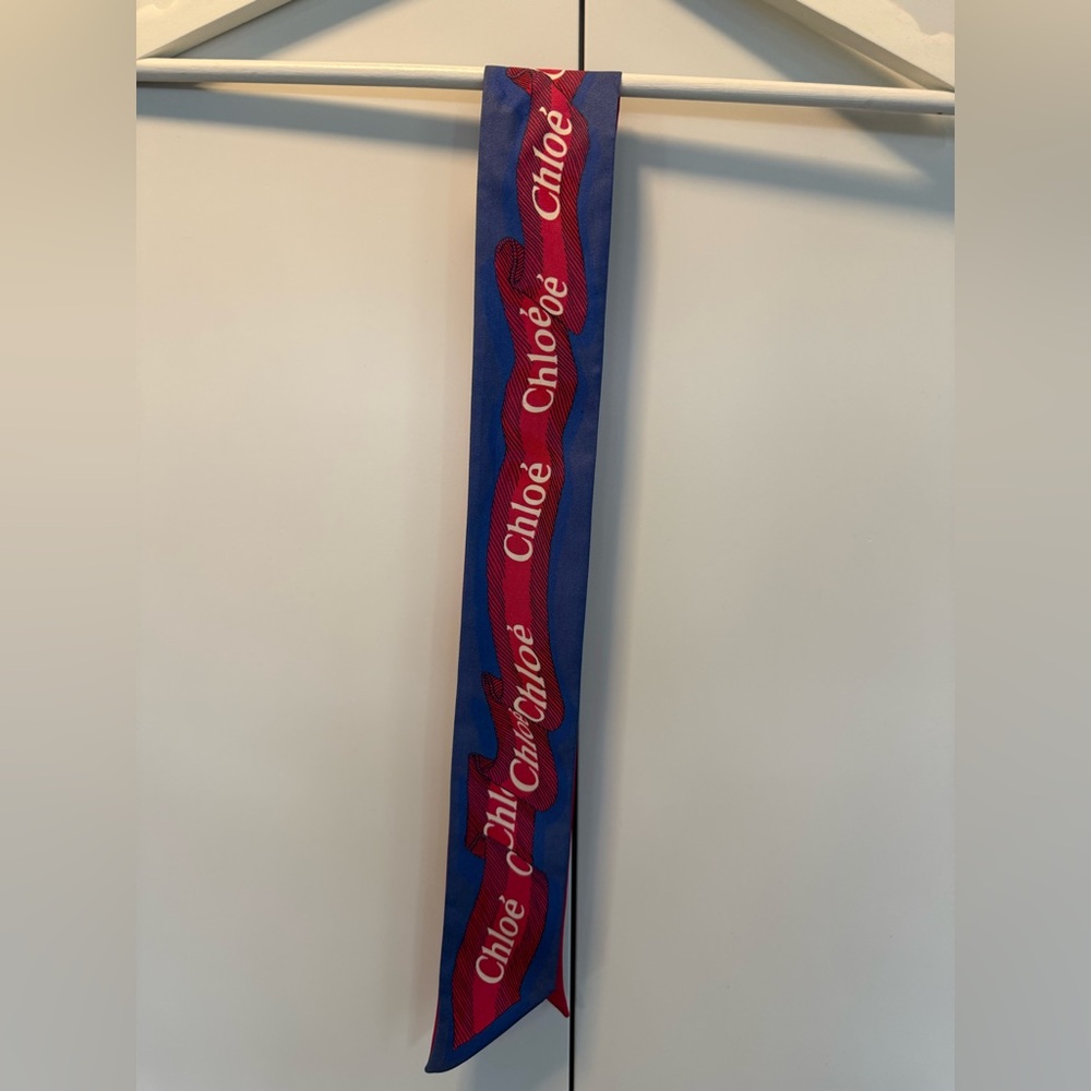RARE Chloé Blue and Red Logo Silk Twilly Scarf